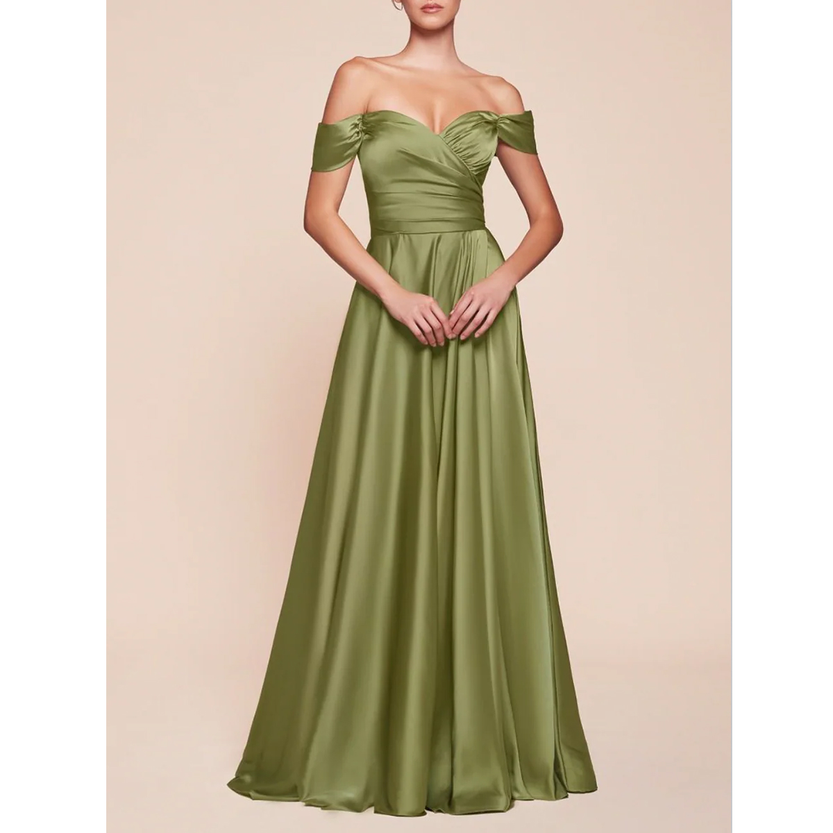 olive green a line off shoulder dress sweetheart neckline ruched bodice cap sleeves satin maxi formal gown