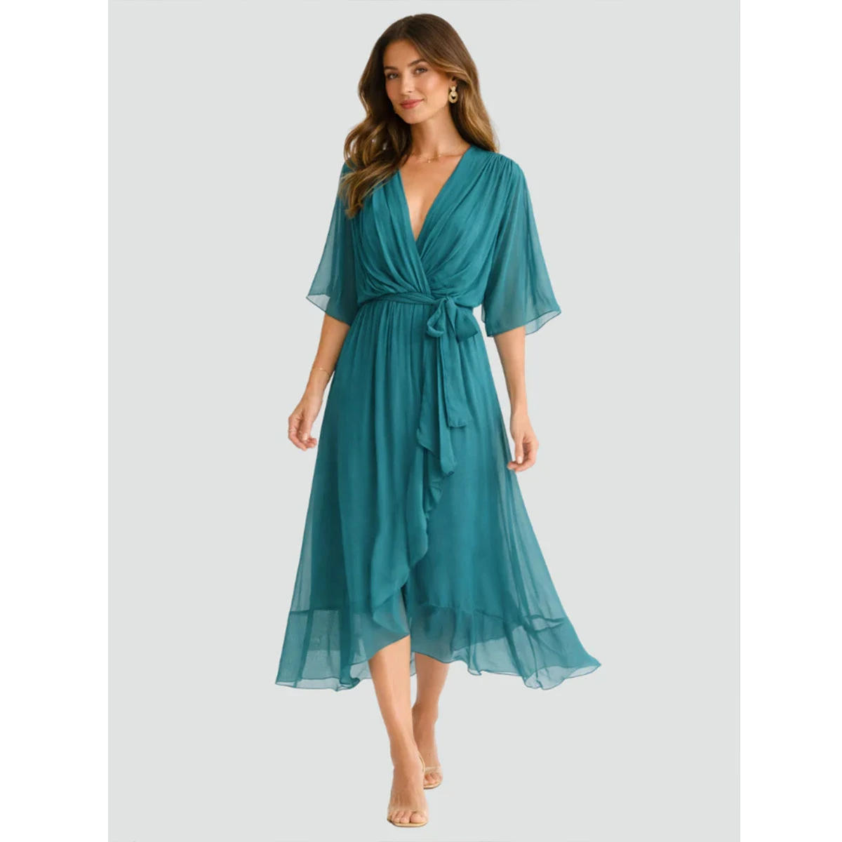 chiffon wrap dress crossover front layered design adjustable waist tie flowy silhouette elegant dress