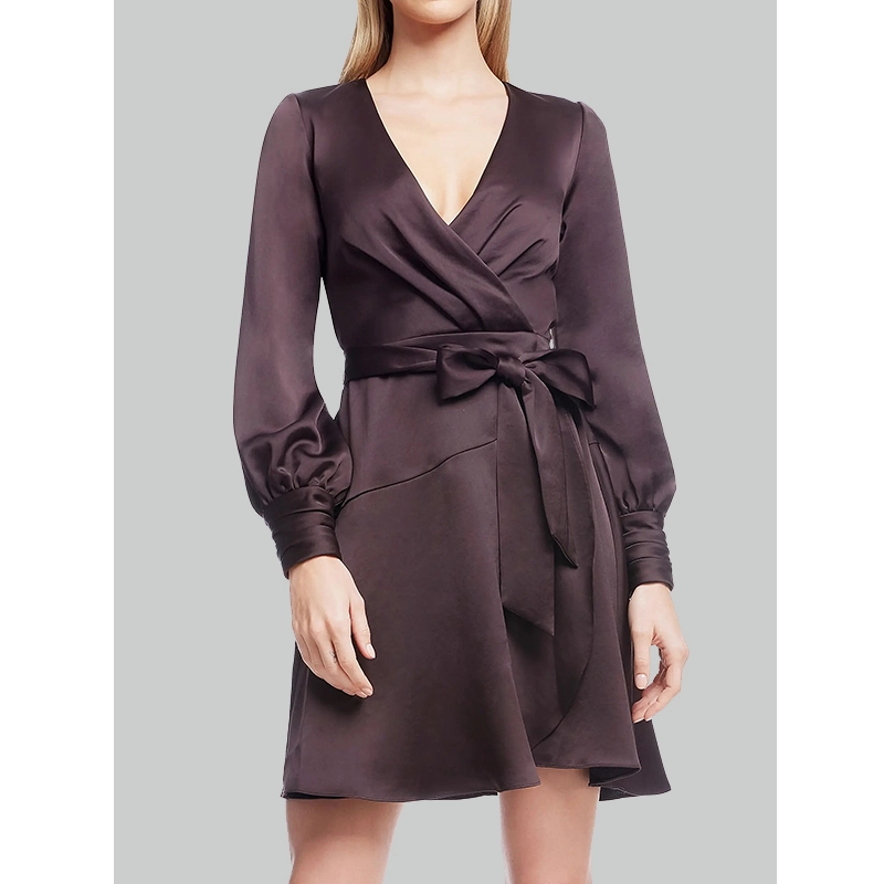 satin wrap dress with fit and flare silhouette long sleeves self tie waist belt back zip closure elegant formal dress
