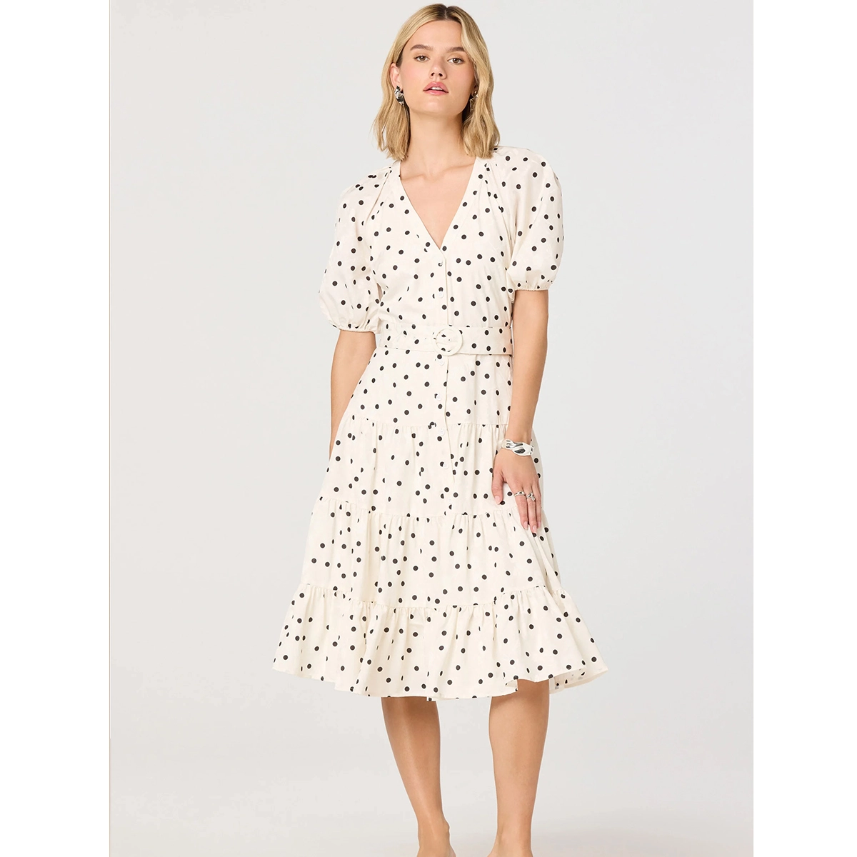 polka dot tiered midi dress with puff sleeves v neckline belted waist and ruffle skirt