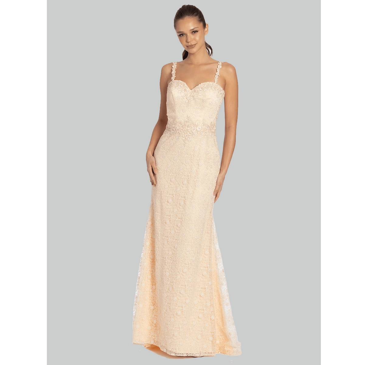 backless lace evening dress with sweetheart neckline shoulder straps pearl details fitted bodice formal gown