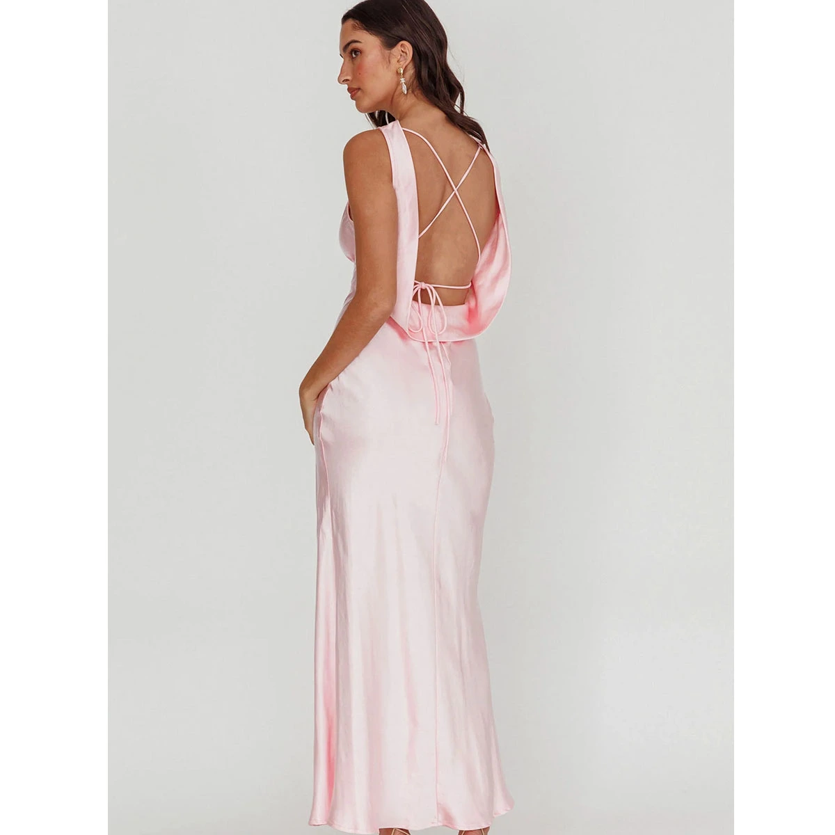 pink satin backless maxi dress wide straps cowl back crisscross tie flowy skirt elegant dress