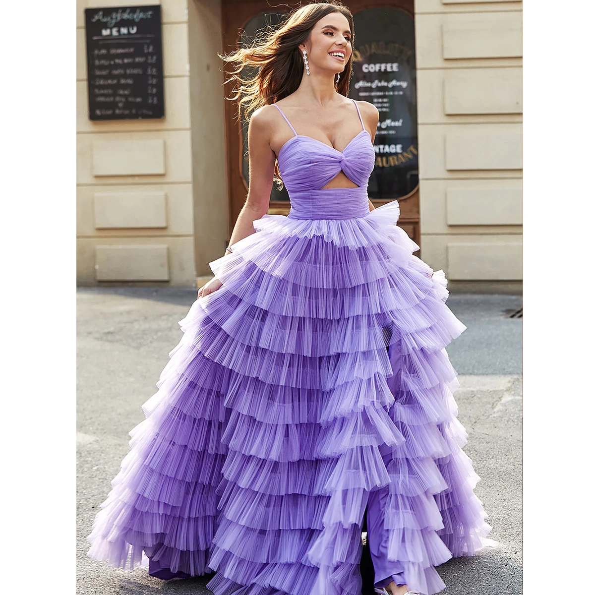formal tulle dress thin spaghetti straps lavender twisted cutout waist multi-layer ruffled floor-length skirt