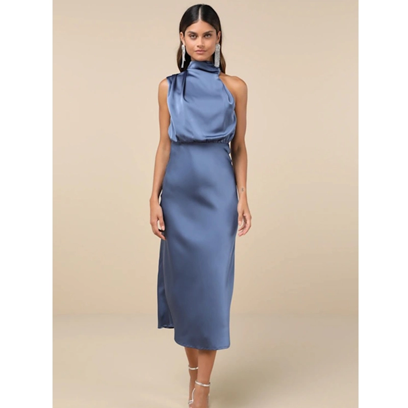 blue satin formal dress with mock neckline asymmetrical bodice fitted waist a line midi skirt hidden back zipper elegant occasion dress