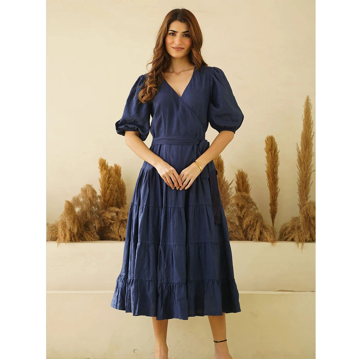 navy organic linen tiered wrap dress puff sleeves self tie waist fully lined a line maxi dress