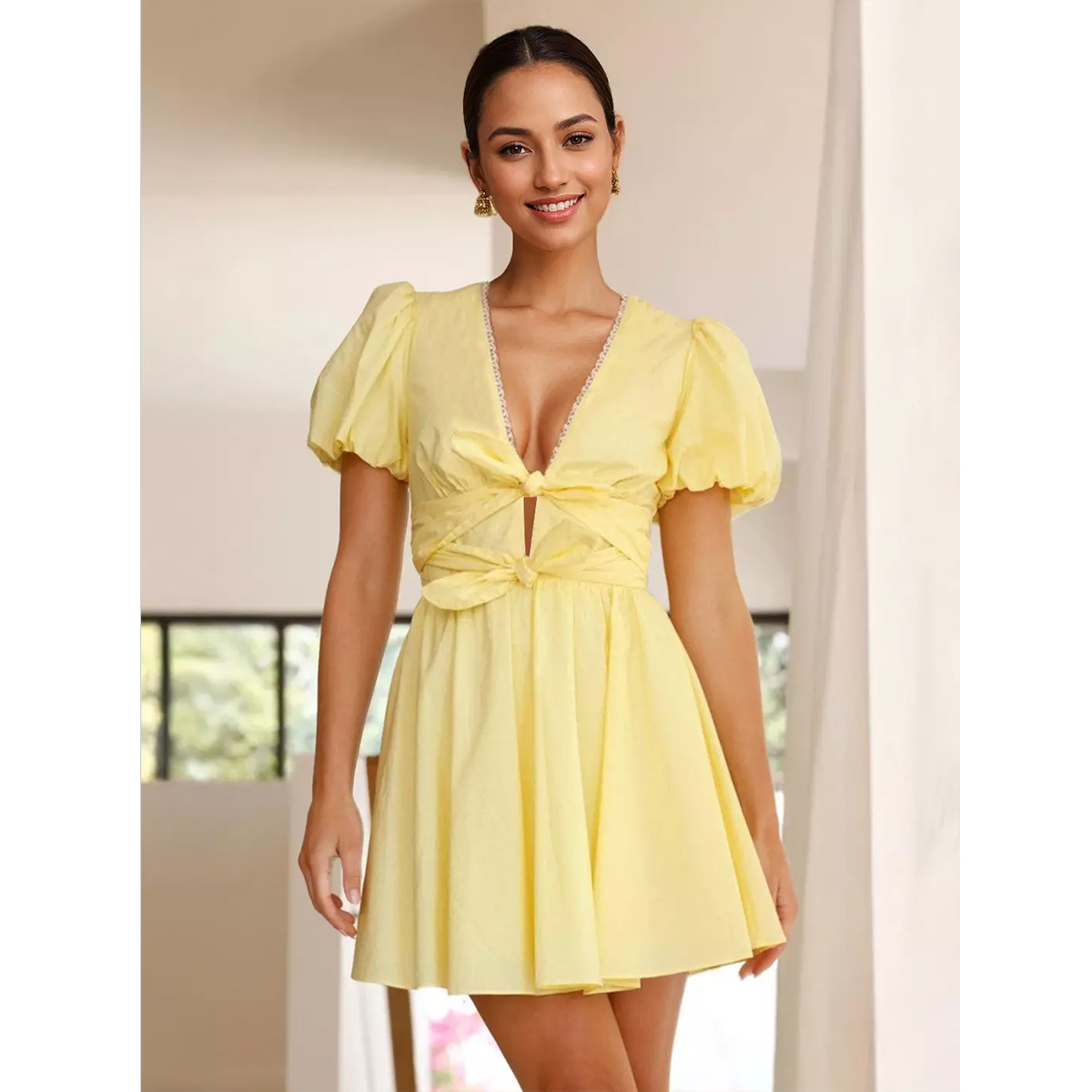 yellow a line puff sleeve dress deep v neck front cutout tie waist flowy hem mini dress