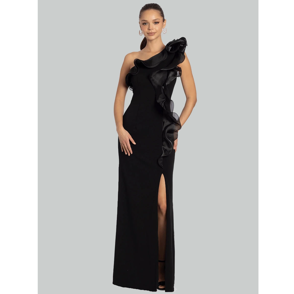 black one shoulder evening dress with organza ruffle detail fitted bodice column skirt side slit formal gown