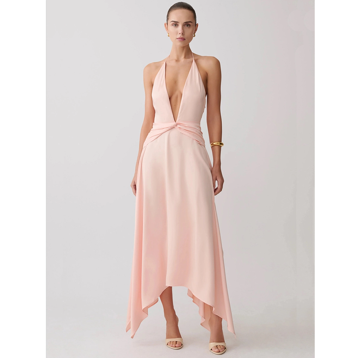 evening party dress deep v neckline twisted wrap waist silky fabric asymmetrical hem