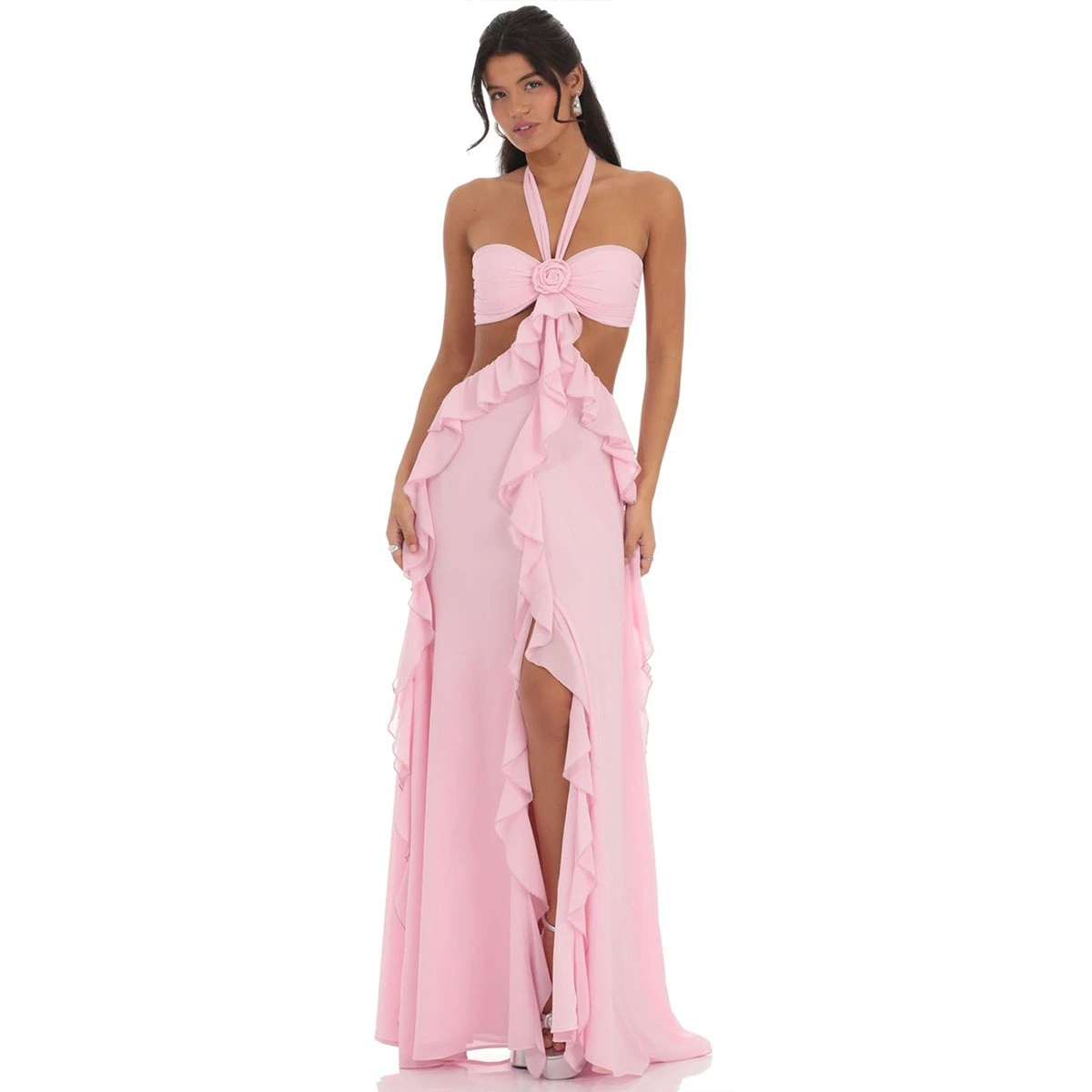 pink chiffon cutout ruffle maxi dress 3d floral decoration high side slit flowy hem elegant dress