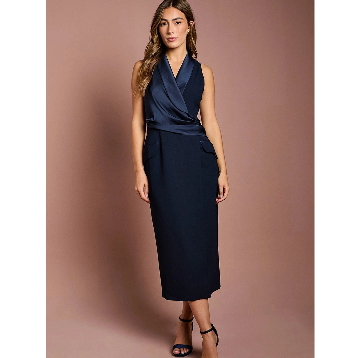 navy sleeveless wrap dress v neckline satin lapel cinched waist draped bodice flattering silhouette elegant dress