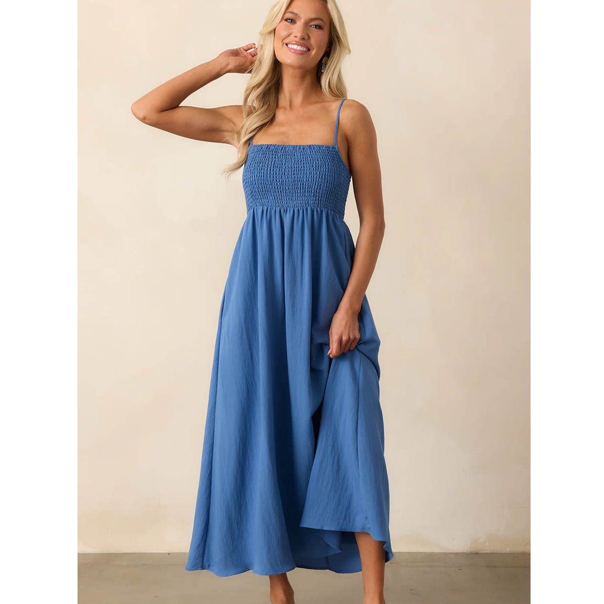 sky blue a line smocked dress spaghetti straps square neck side slit maxi dress