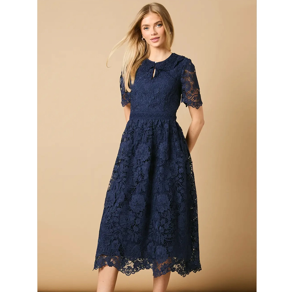 lace midi dress with collared neckline keyhole detail fitted bodice and flared lace skirt