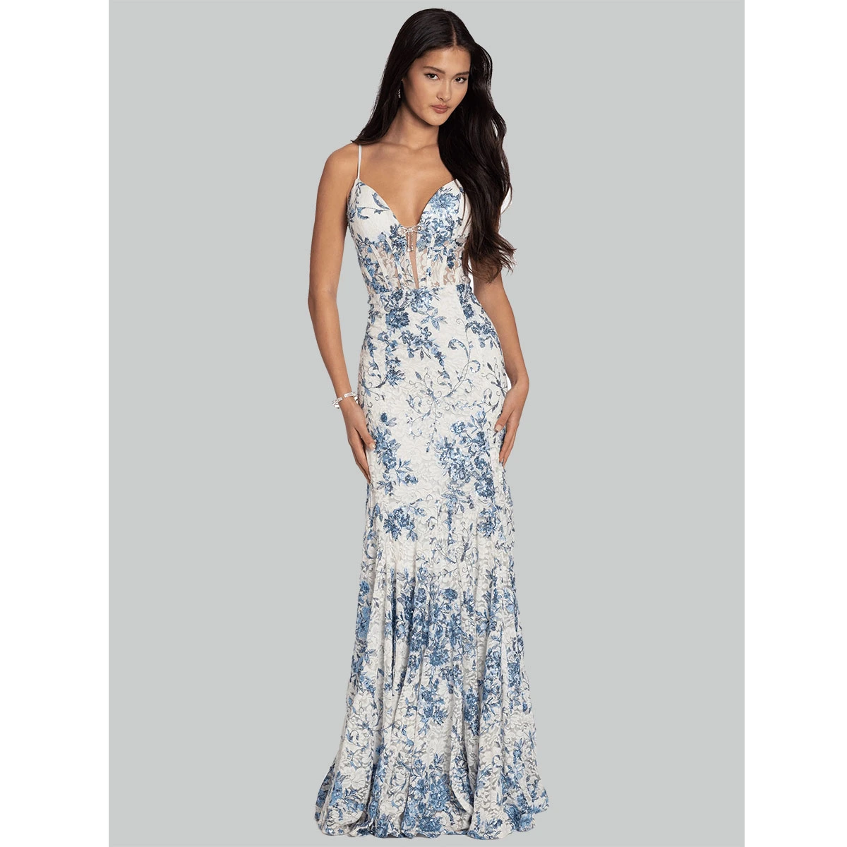printed evening dress with spaghetti straps plunging v neckline floor length mermaid silhouette formal gown