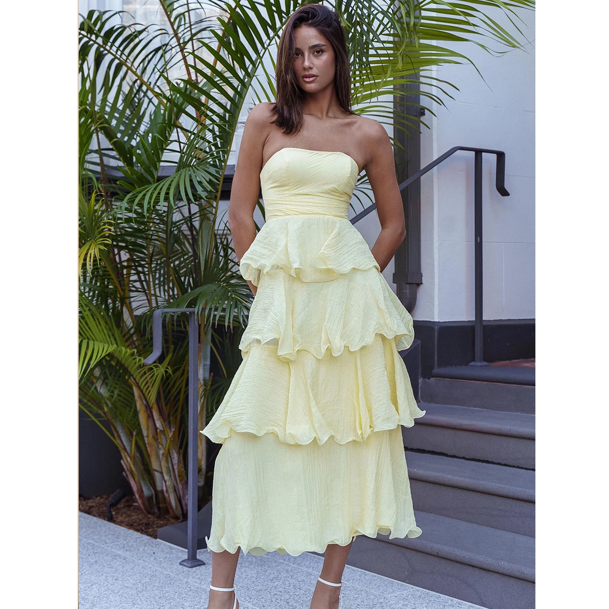 ruffle midi dress with strapless design and tiered skirt detail