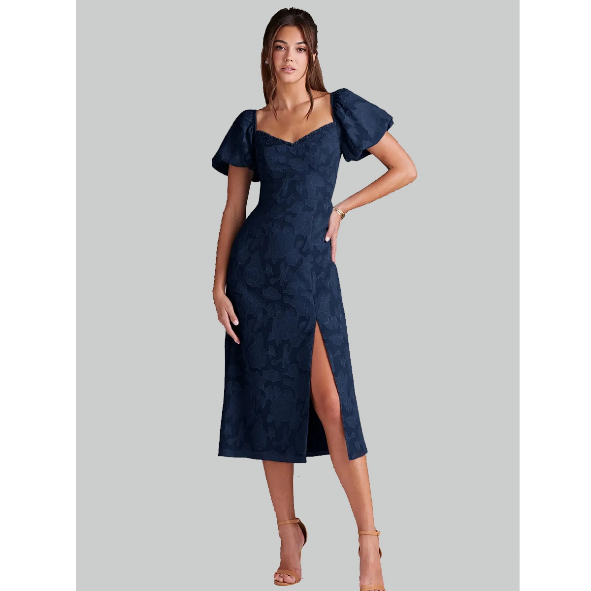 blue cotton poplin smocked midi dress with square neckline and pullover style