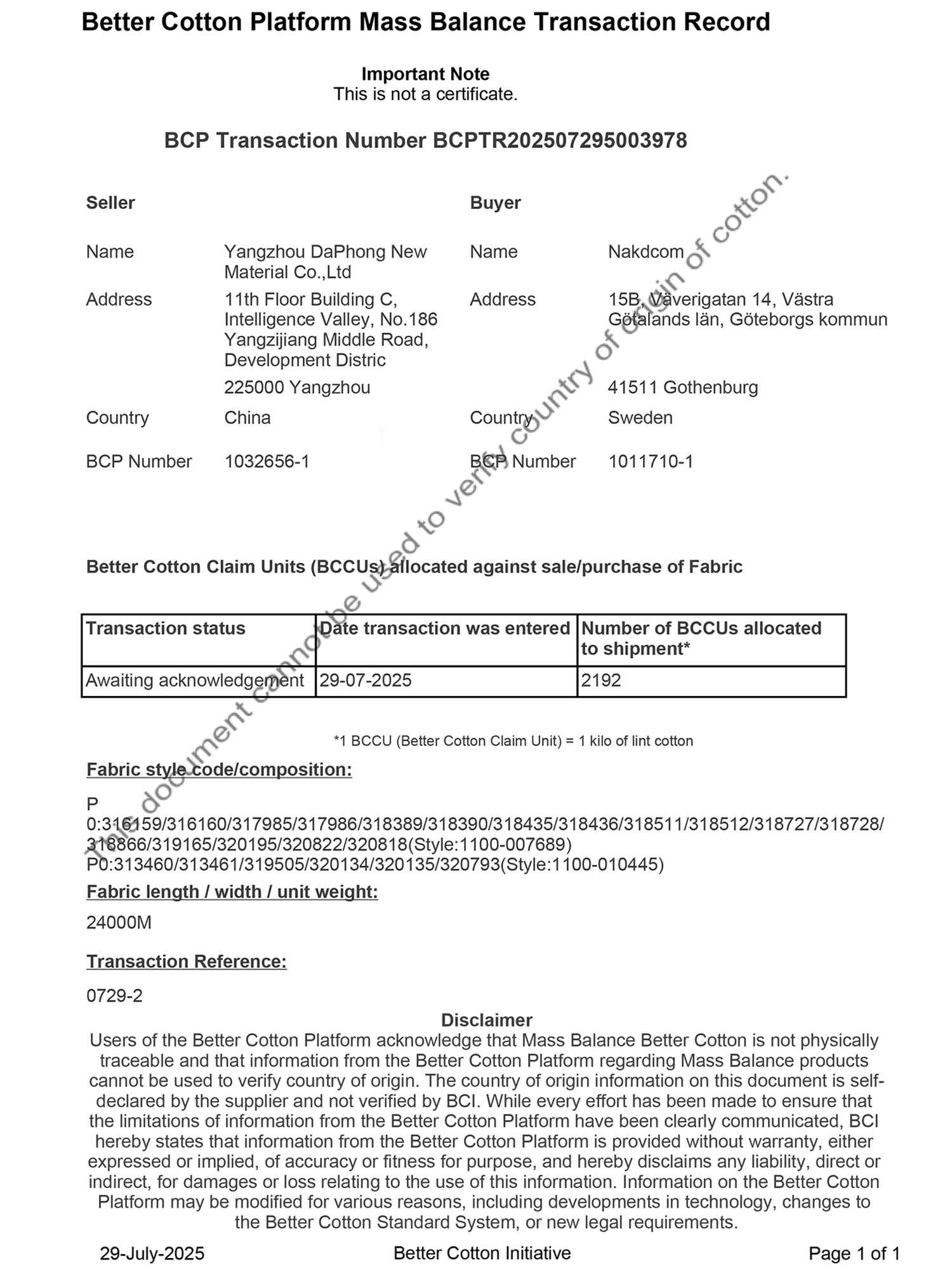 BCI cotton Certificate
