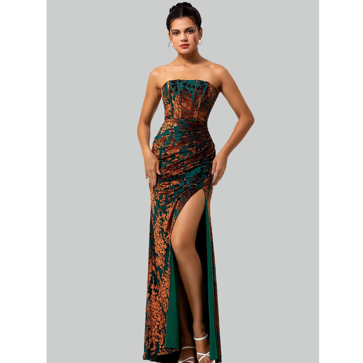 strapless printed velvet maxi dress with corset bodice side ruching and high thigh slit