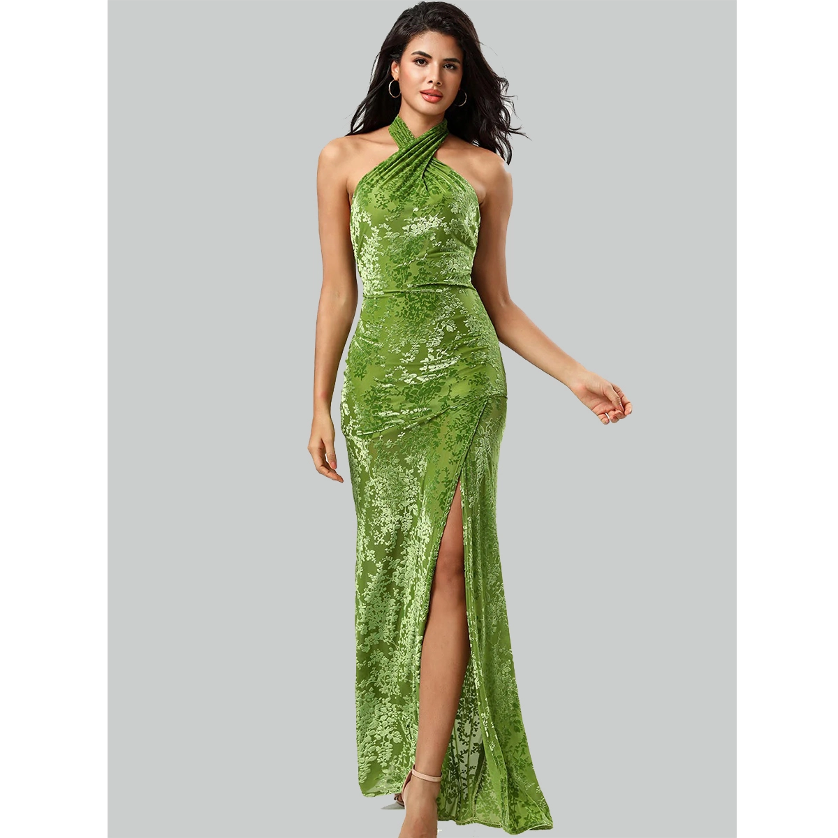 green floral velvet halter maxi dress with twist neckline ruched waist and high side slit
