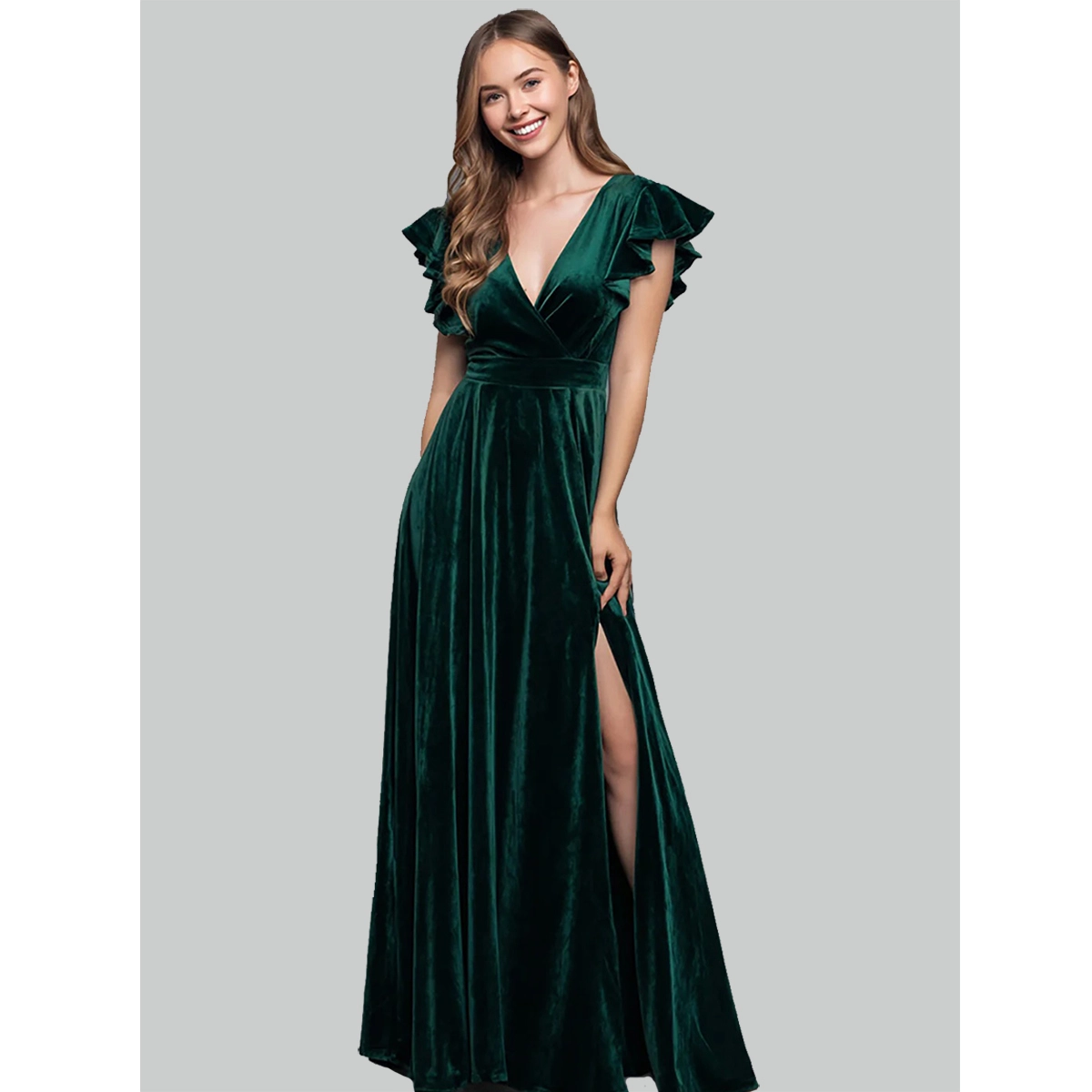 emerald green velvet a line dress with v neck ruffle cap sleeves wrap waist and high side slit