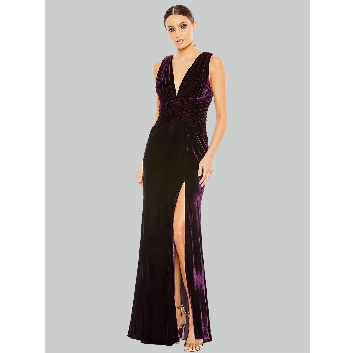 deep purple velvet v neck maxi dress with ruched waist high side slit and fitted silhouette