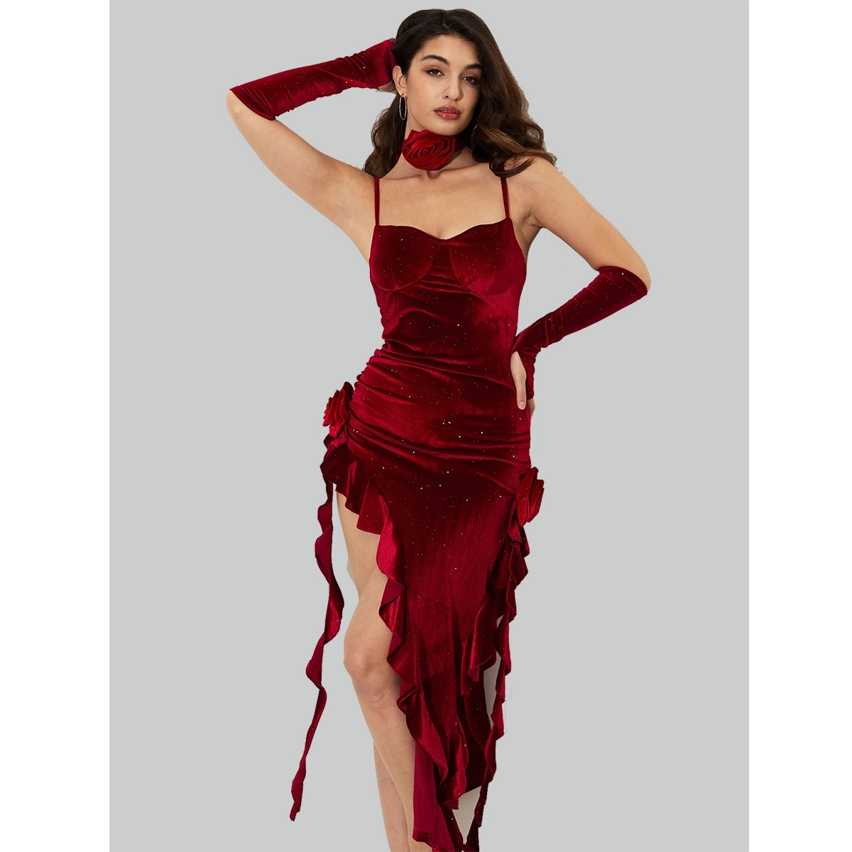 sparkling red velvet ruffle midi dress with thin straps 3d rose detail and matching velvet gloves