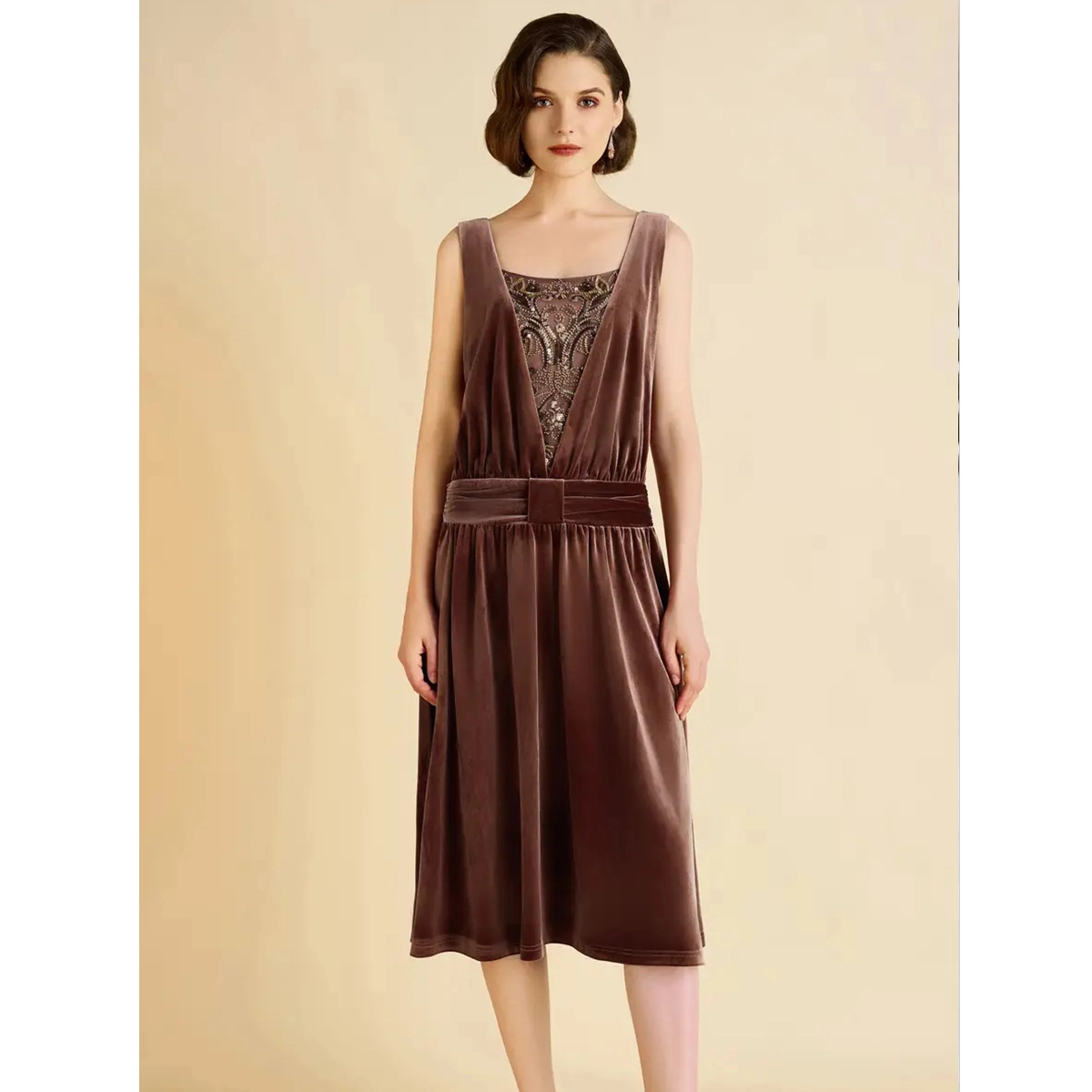 mauve velvet square neck midi dress with beaded inner panel wide waist tie and relaxed flowing fit