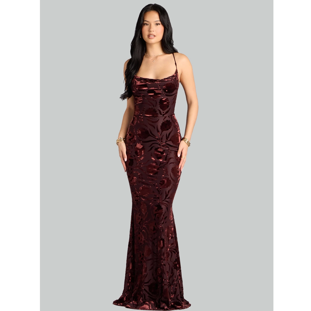 burgundy floral velvet maxi dress with spaghetti straps and slim mermaid silhouette for evening events