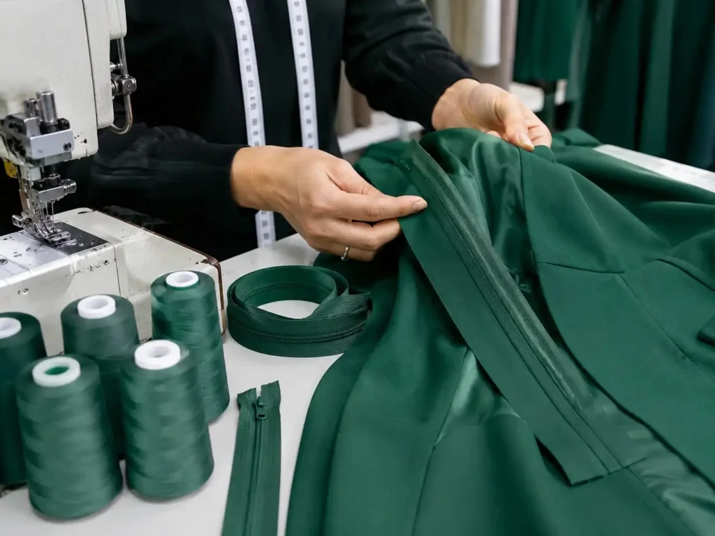 Dress zipper sewing and thread inspection in garment production