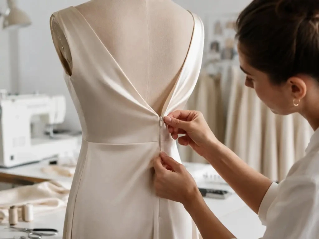Hidden zipper sewing on a dress sample during garment production