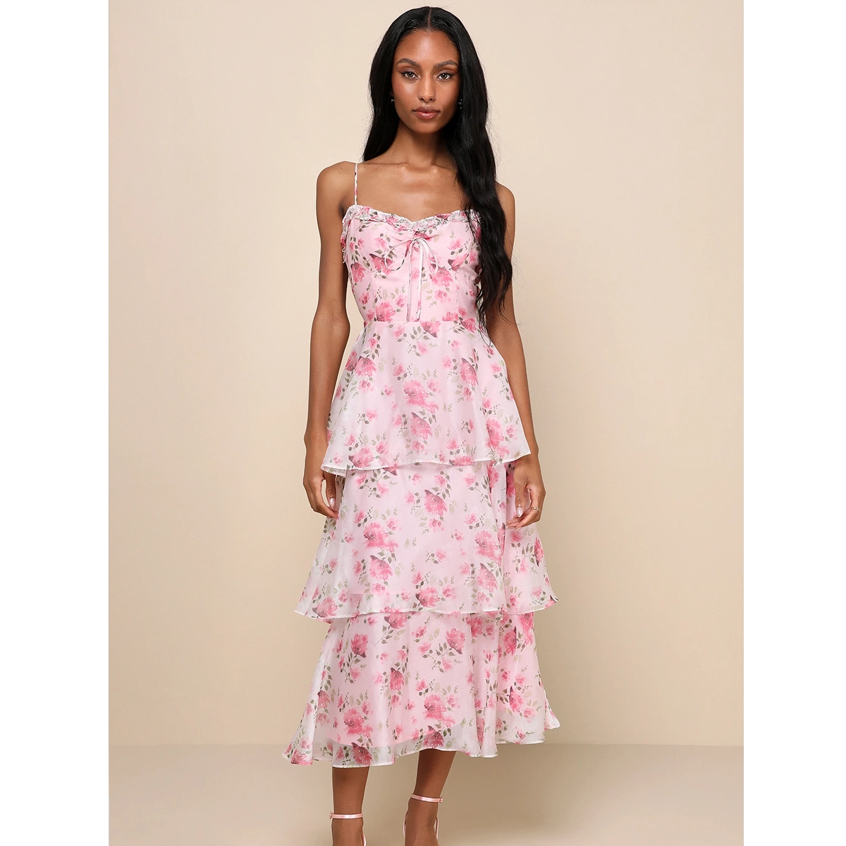 Floral Sleeveless Tiered Midi Dress