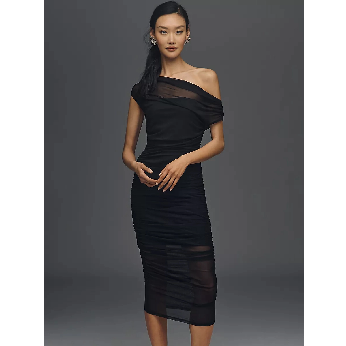 Off-Shoulder Mesh Slim Midi Dress