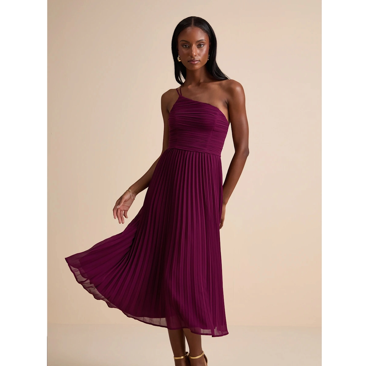 One Shoulder Chiffon Midi Dress